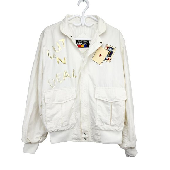 HARTWELL 90’s VTG White Bomber Gambling Jacket with Gold Accents sz M - Picture 2 of 15